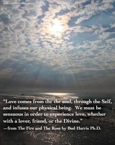 Love comes from the the soul, through the Self, and infuses our physical being.  We must be sensuous in order to experience love, whether with a lover, friend, or the Divine.