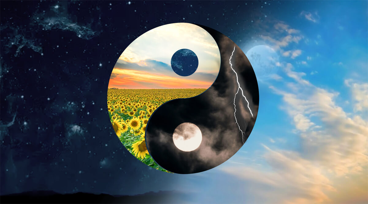 Eros and Thanatos energies depicted in a yin yang with sunflowers and a stormy night.
